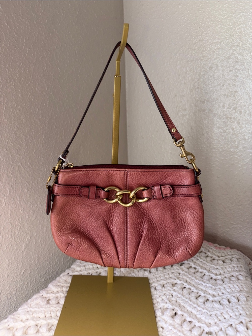 Coach Leather Mini Shoulder Bag with Gold Chain Accent - Pink